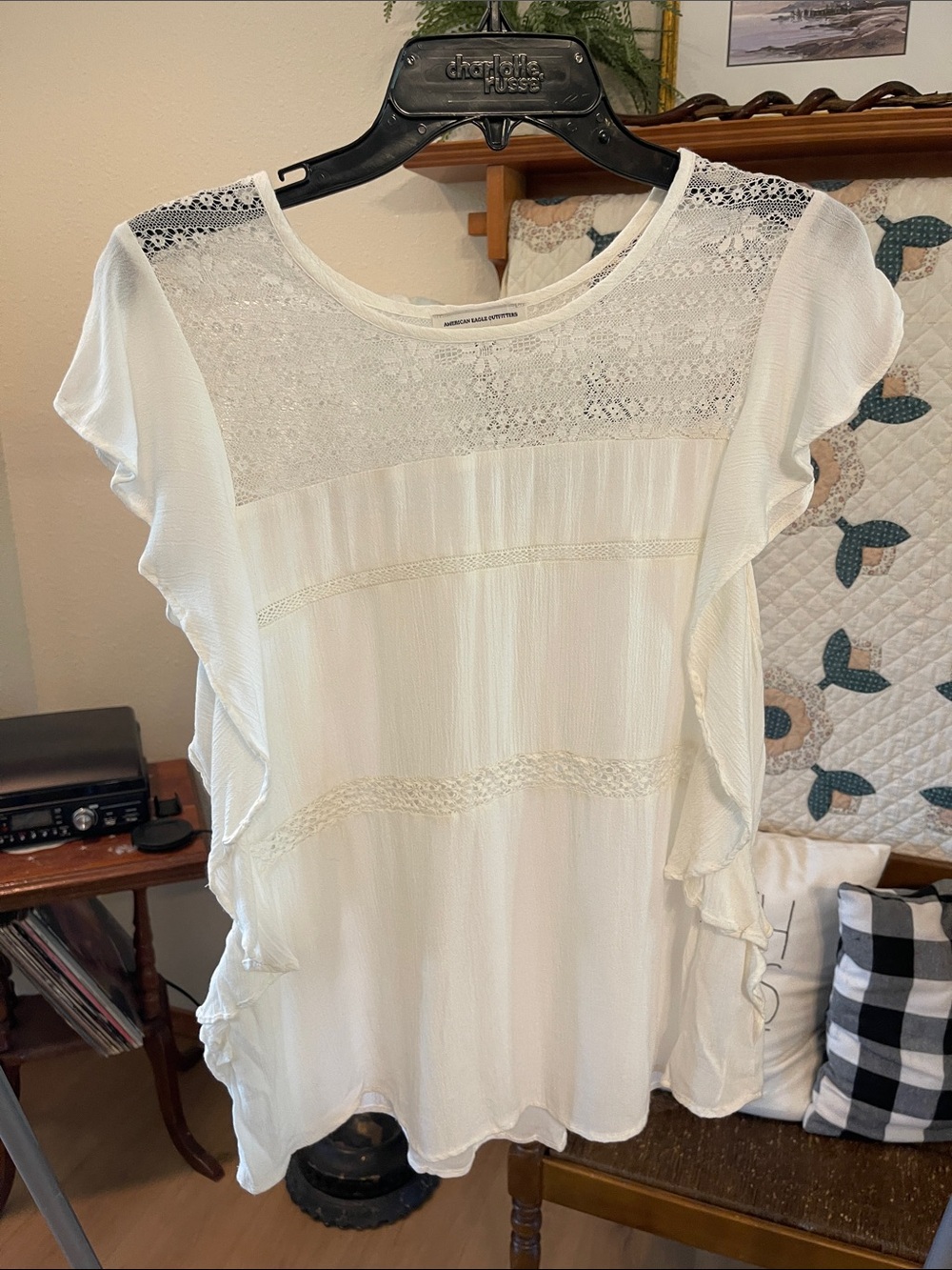 American Eagle Outfitters White Lace Yoke Ruffle Sleeve Blouse